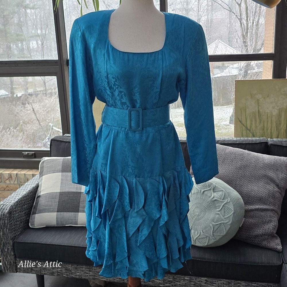 80s Glam Bold Blue 100% Silk‎ Midi Dress Square Neck Belted Shoulder Pads Vtg 8*